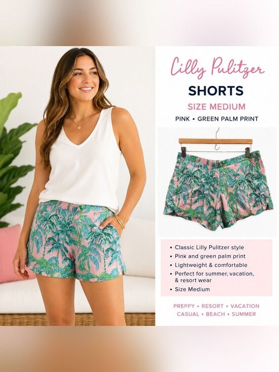 Lilly Pulitzer Pants - Lilly Pulitzer Palm Tree Print Shorts Medium Pink Green Tropical Resort Preppy